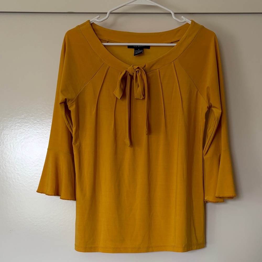 Mustard Tie-Neck Bell-Sleeve Blouse